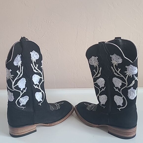 White Diamond Black Nubuck Leather White Flowers Square Toe Rodeo Boot Size 6.5 - Picture 9 of 16